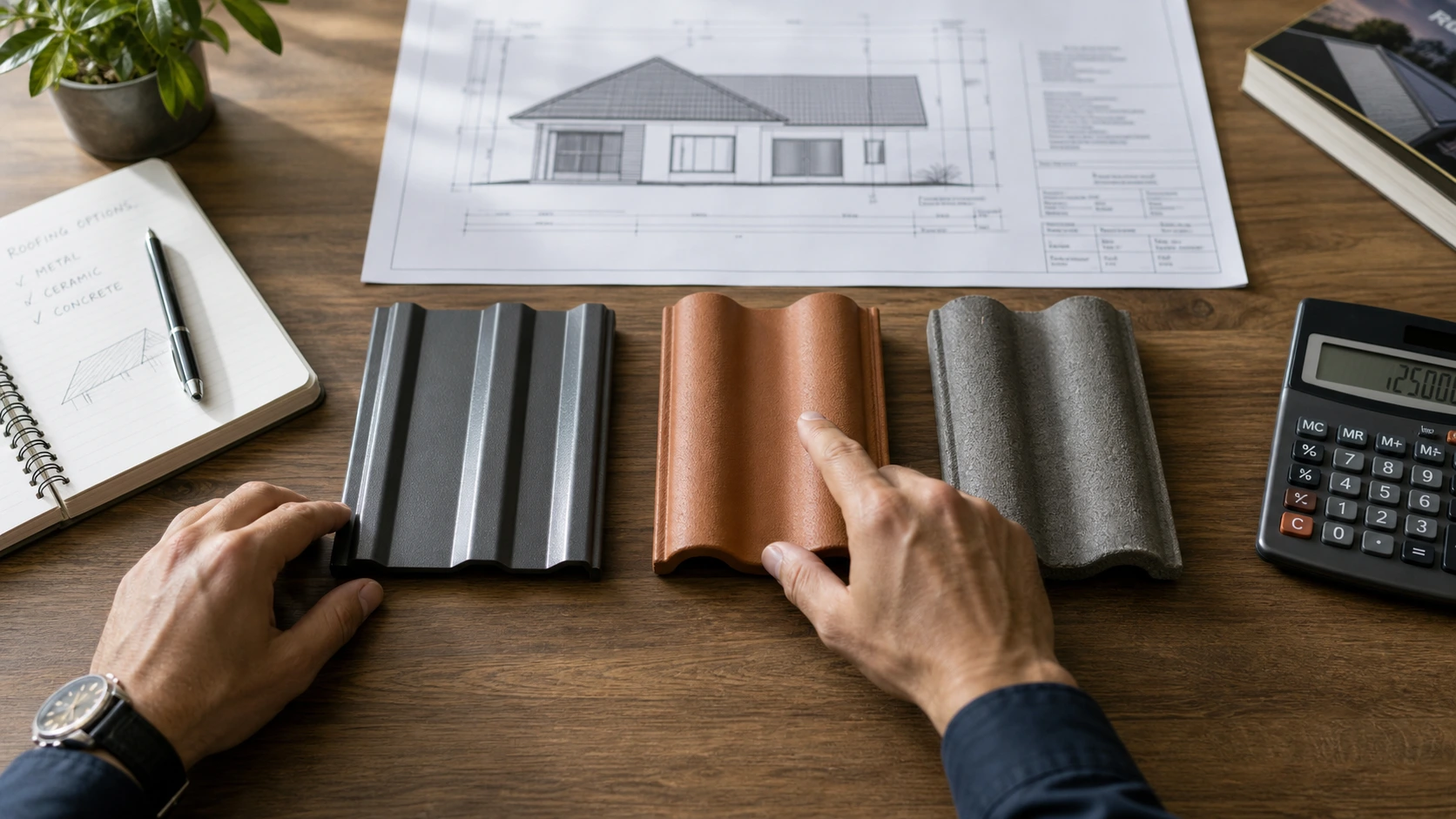 Dłoń inwestora wybierająca próbkę dachówki betonowej spośród innych materiałów dachowych.